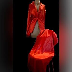 Vibrant Red Satin Blazer Pant Set